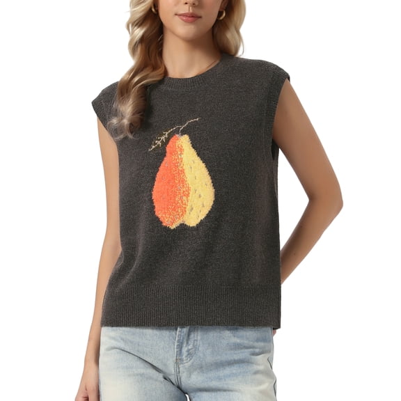 INSPIRE CHIC Sweater Vest Top for Women's Sleeveless Crew Neck Casual Pear Pattern Knitted Pullover Sweater XS Coffee