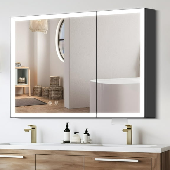 Yamissi Bathroom Mirror Cabinet with LED Lights | Anti-Fog | Wall Mounted | 900x600mm | Black