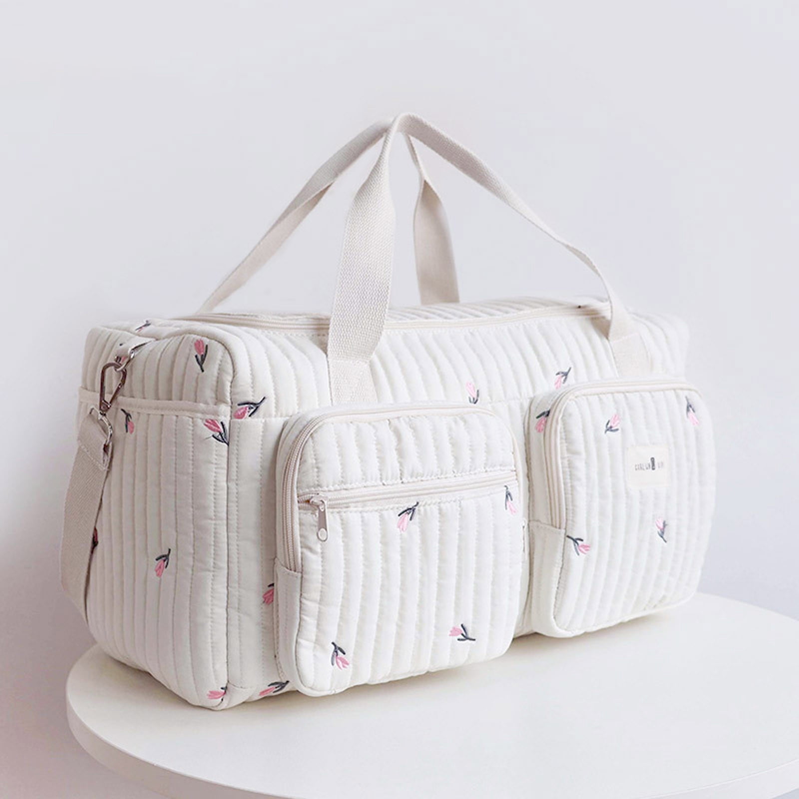 Large Capacity Quilted Tote Bag for Women - Floral Travel Duffle Weekend Bag with Adjustable Strap, Soft Cotton Design Ideal as Diaper Bag for Maternity Hospital