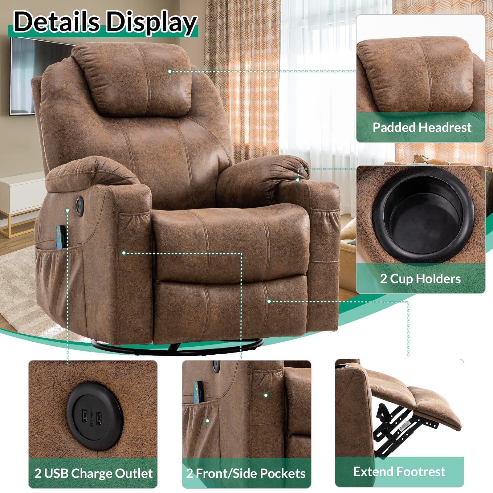VIVIJASON Manual Massage Rocker Recliner Chair, 360° Swivel Glider Lounge Chair with Heat Ergonomic Home Theater Recliner Sofa with 2 Cup Holders, Side Pockets & USB Ports for Living Room, Brown