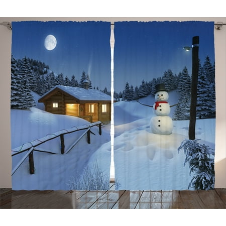 Winter Cottage - Christmas Curtains 2 Panels Set, Wooden Rustic Log Cottage Scenery Winter Night Warm Moonlight Christmas Spirit, Living Room Bedroom Decor, Blue White, by Ambesonne