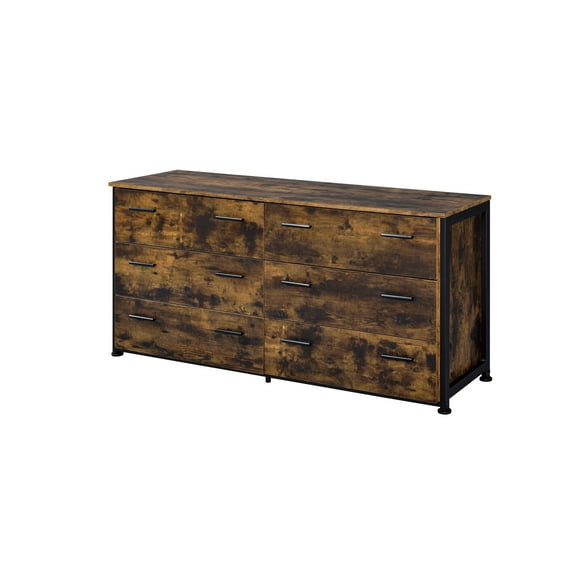 Nat 59 Inch Rustic Wood Dresser, 6 Drawers, Brown and Black