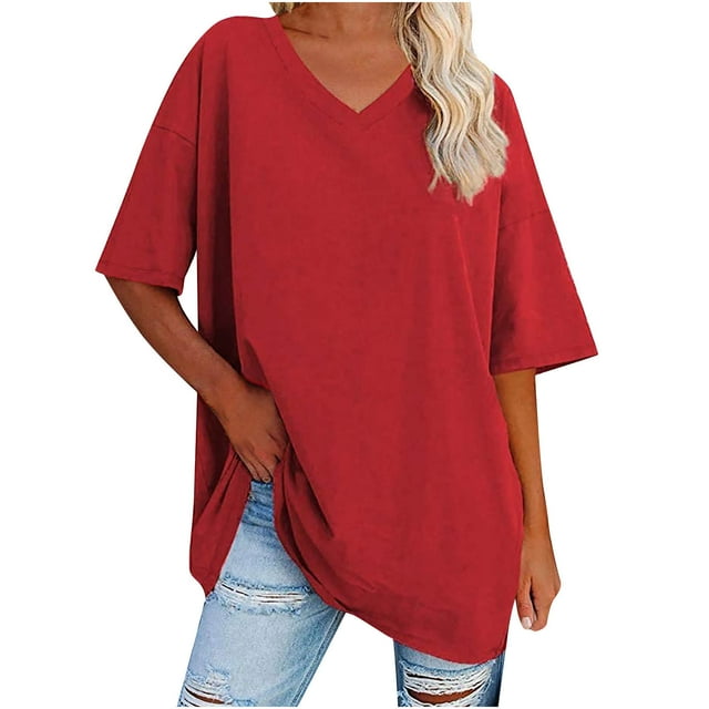 Plebaso T-Shirts Oversize pour Femmes Col en V Manches Mi-Longues Tee-Shirts Décontractés Confortables Tops Amples pour Femmes