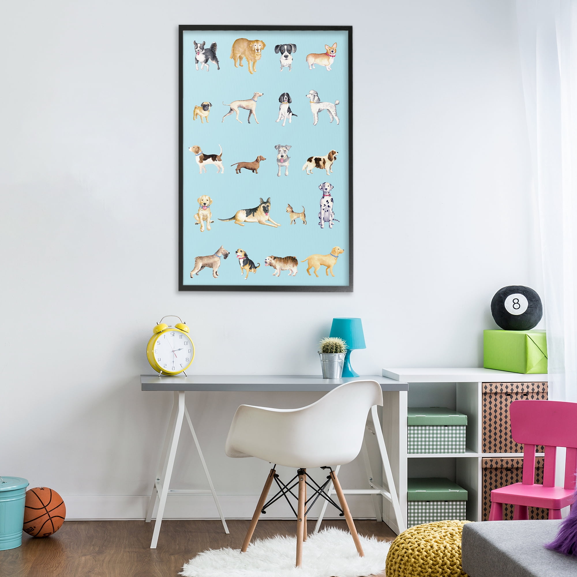 Stupell Industries Dog Breeds on Blue Black Framed Giclee Art, design by Andi Metz