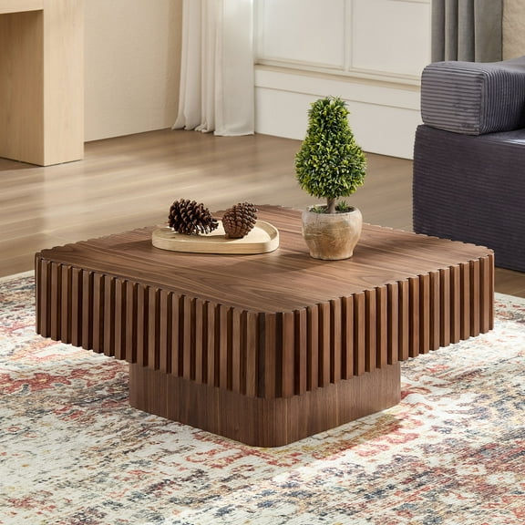 Williamspace 35.4" Square Coffee Table for Living Room, Modern Handcraft Fluted Table Accent Wood Center Table for Apartment, Easy Assembly, Walnut