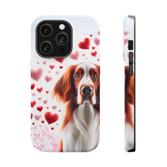 DistinctInk Tough Case for Apple iPhone 14 PRO (6.1" Screen), Compatible with MagSafe Charging - Valentine's Day Irish Red and White Setter