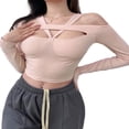 thumbnail image 3 of PENGXIANG Haut Court à Manches Courtes pour Femmes Couleur Unie Col Halter Découpé, 3 of 8