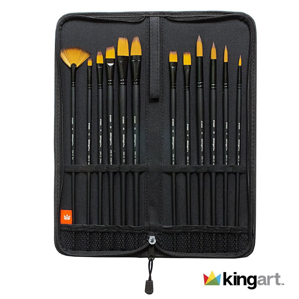 KINGART Studio Oil & Acrylic Long Handle Brush Set, Synthetic Blend, 12 PC & Case