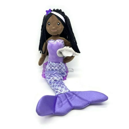 The Petting Zoo Mermaid Doll with Stingray Stuffed Animal- Great Gifts for Girls, Mermaid Plush Doll with Stingray Plush Toy, 17 inch (African American)