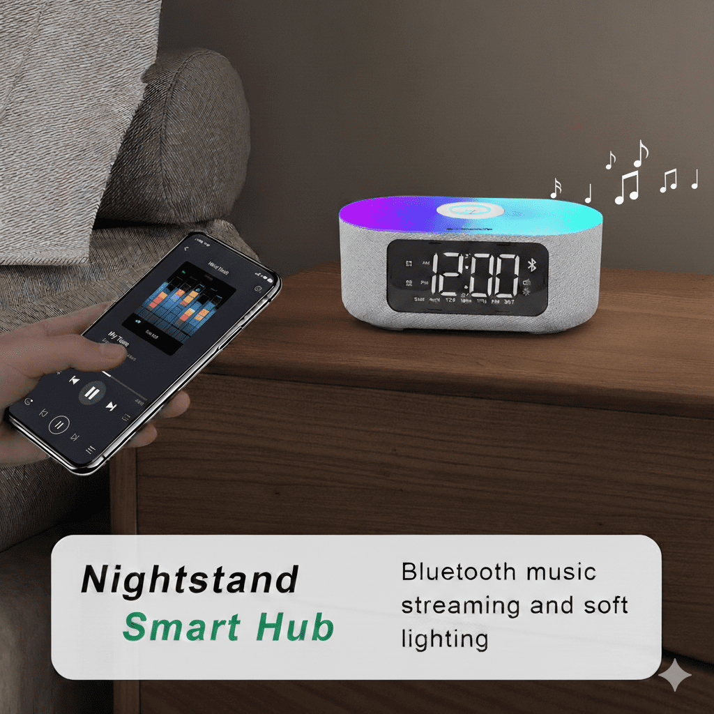 Wireless Charging Alarm Clock for Bedroom, with Big Led Screen Display, Bluetooth Stereo Sound Speaker, FM Radio, Fast Wireless Charging, USB Charging Port, Nightlight, White Noise
