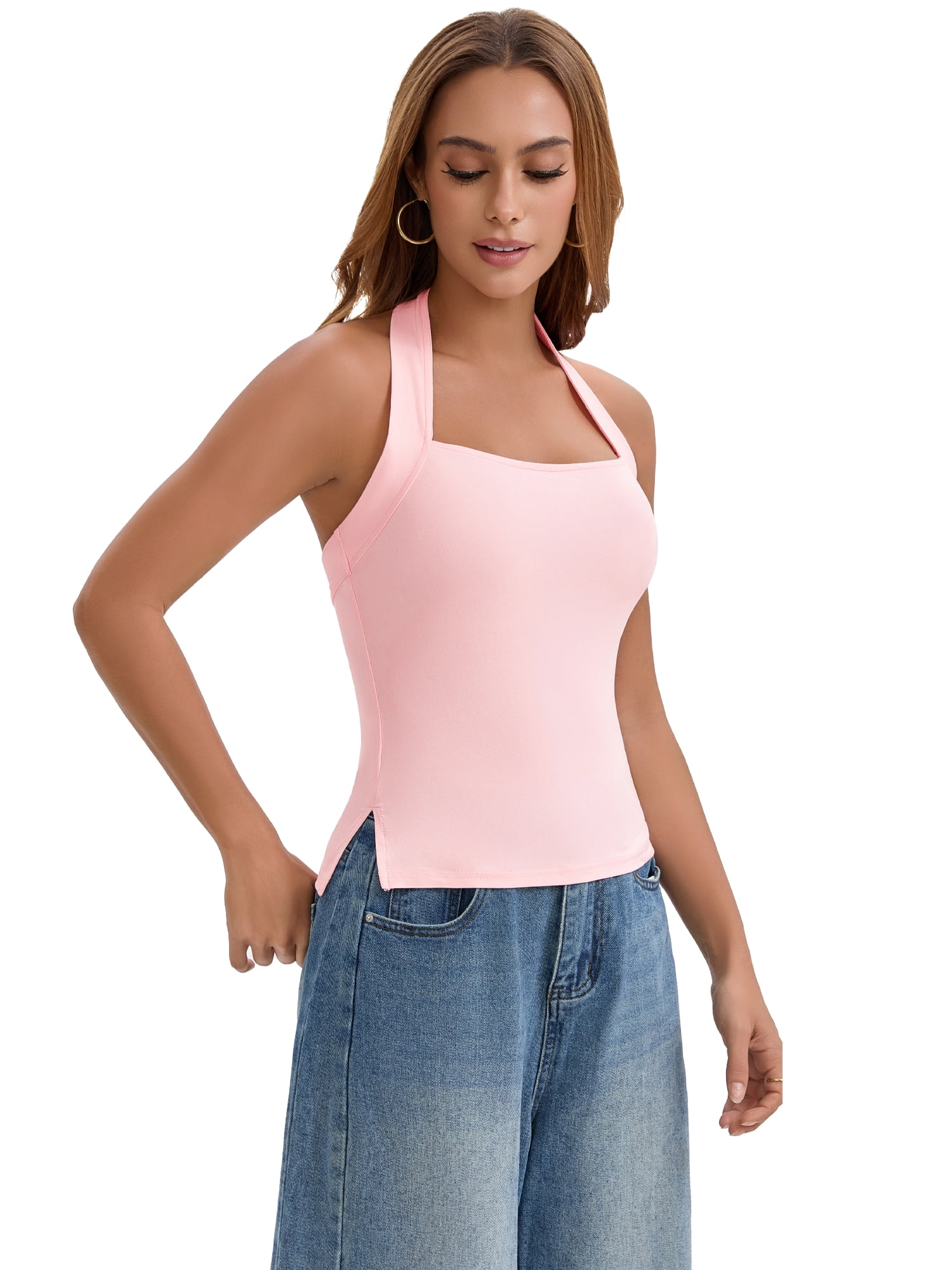 DARING DIVA Women's Halter Tank Top Sleeveless Square Neck Fitted Summer Top L Pink