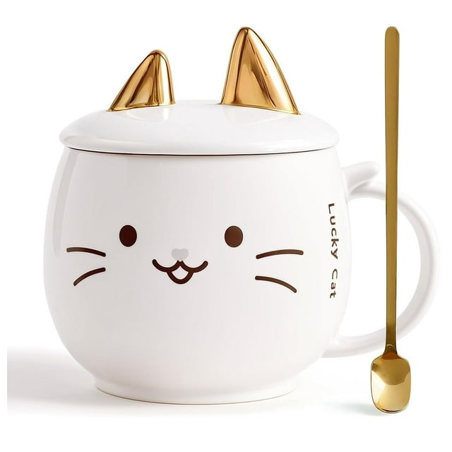Taza De Cerámica Kawaii De Gatito Lucky Cat Con Holder Tapa Y Cuchara 400ml Blanco
