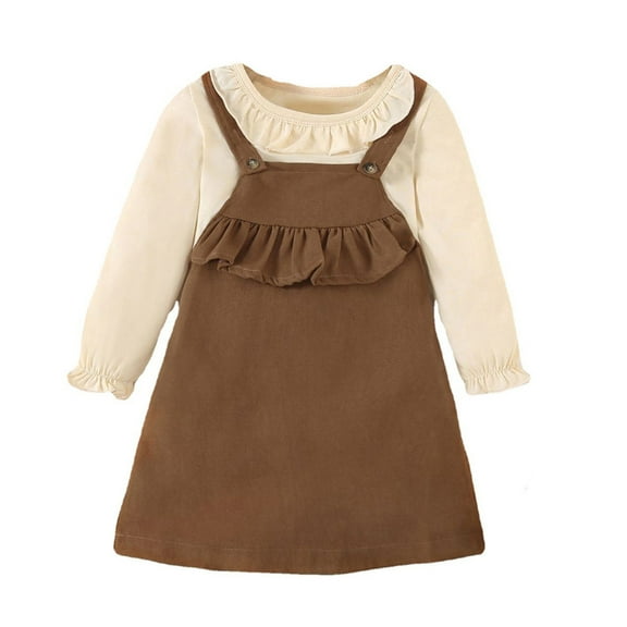 Sngxgn Girls Pleated Skirt Set 2 Piece Outfit Dresses Long Sleeve Top Cute Clothes Outfit for Kid(Brown,120)
