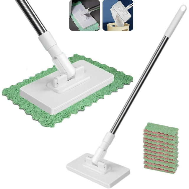 Disposable Dust Mop with 10 Reusable Cloths, Strong Biomimetic Clip, Extensive 39 in/100 cm Reach, Flat Mop with Locking Head & Sweeping Cloths for Multi Surface Floor Cleaning (10 Reusable Cloths)