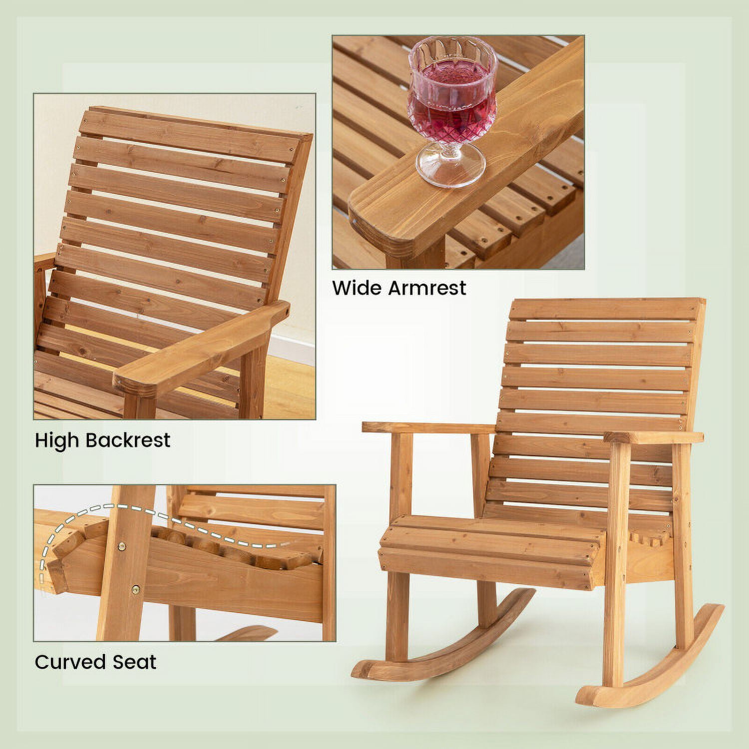 Aimee Lii Outdoor Rocking Chair with Armrests, Patio Wooden Rocker Chair for Lawn, Porch, Backyard, Indoor and Garden, Natural