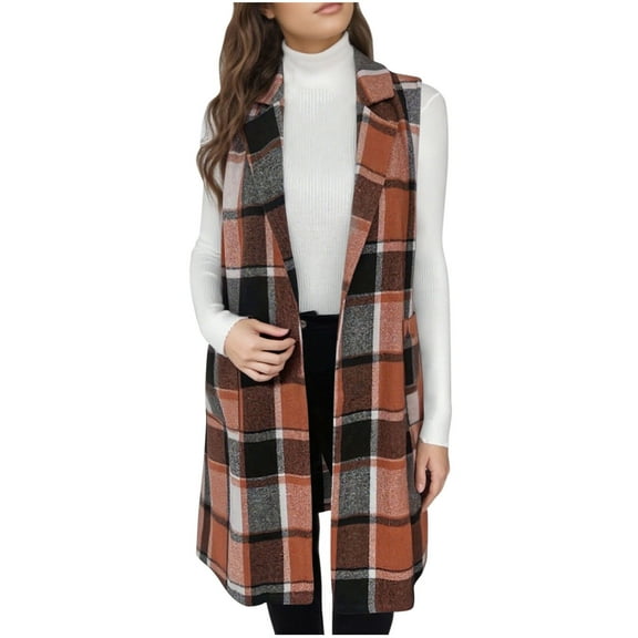 Womens Plaid Long Vest Jacket Sleeveless Open Front Lapel Oversized Coat Fashion Lightweight Loose Fall Winter Outerwear