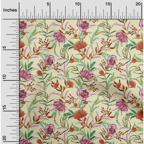 oneOone Cotton Poplin Fabric Watercolor Leaves & Peony Floral_Printed Craft Fabric BTY 42 Inch Wide