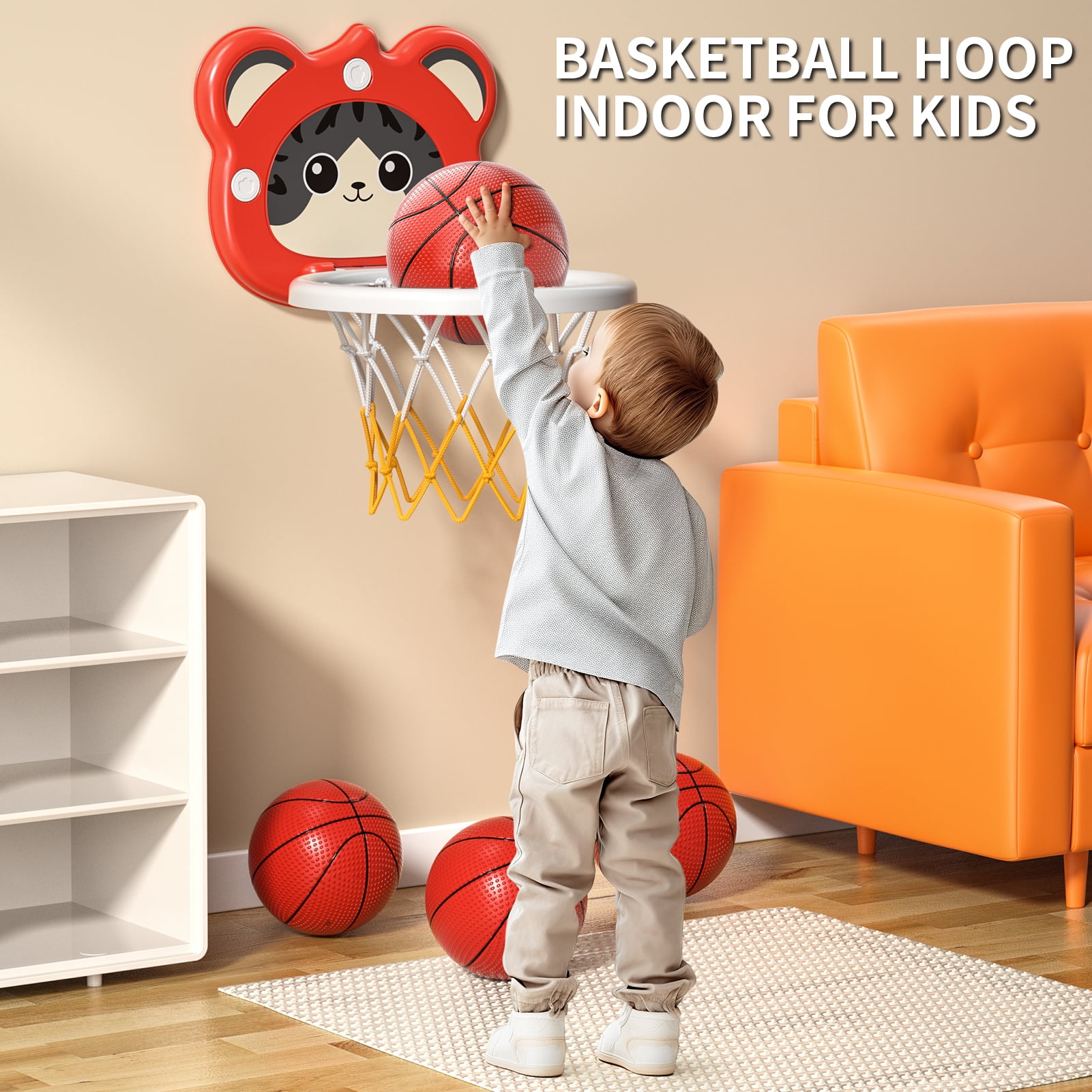 MAVOLIO Toddler Basketball Hoop, Mini Indoor Kids Hoop with 4 Balls, Portable Adjustable Height Backboard, Ideal Gift for 3-8 Year Old Boys Girls
