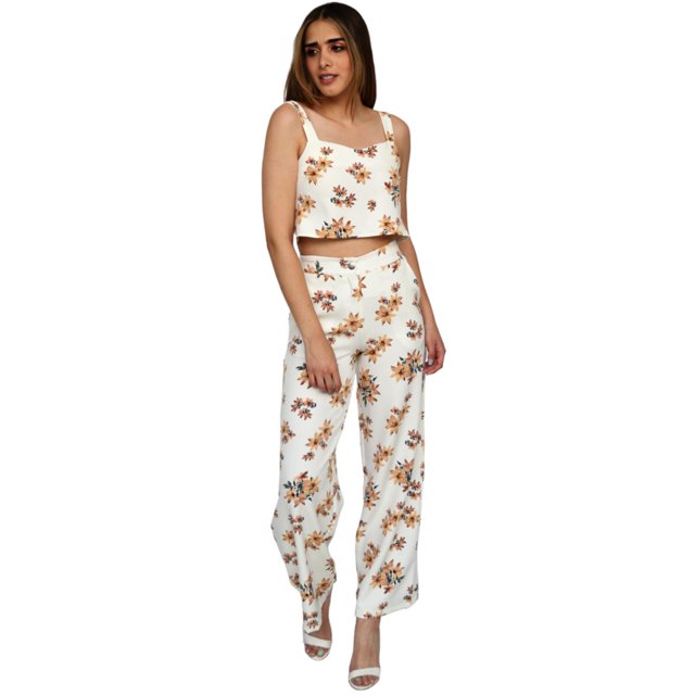 Conjunto de pantalón y top, modelo 0153 (Blanco floreado) blanco G Roman Fashion Conjunto regular 0153