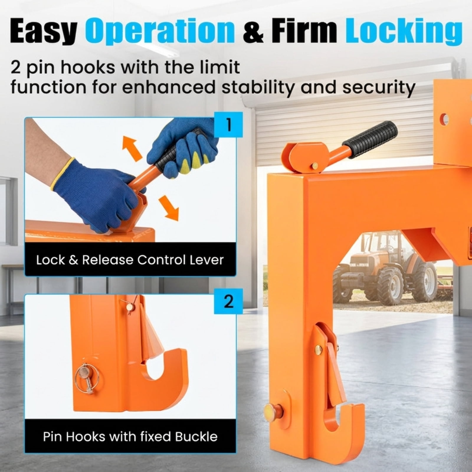 Biotree Category 1 3-Point Quick Hitch 3000 LBS, No-Weld Tractor Hitch with 5-Level Top Hook and 2" Receiver for Farm Attachments, Black Orange