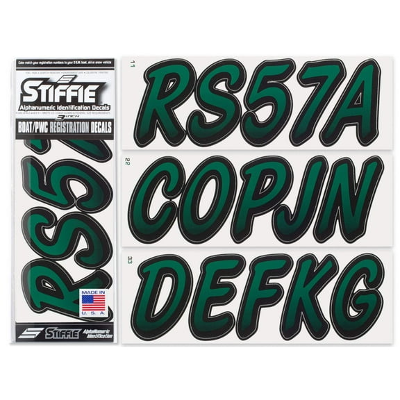STIFFIE Whipline Racing Green / Black 3" Alpha-Numeric Identification Custom Kit Registration Numbers & Letters Marine Stickers Decals for Boats & Personal Watercraft PWC