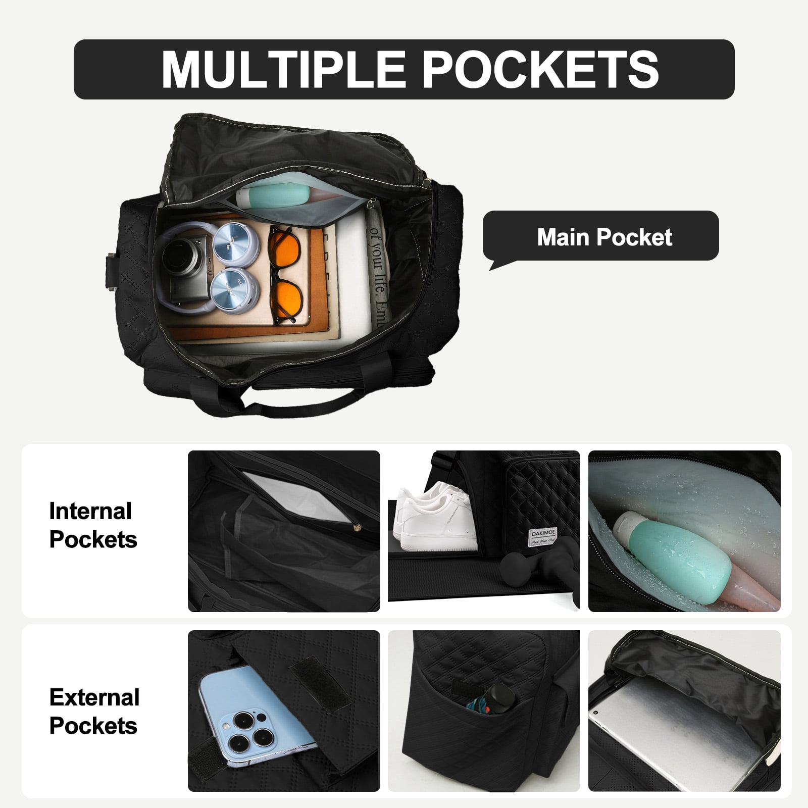 DAKIMOE Travel Duffle Bag for Women Men, Weekender Overnight Bags Carry on Gym Bag with Wet Pocket/Adjustable Strap/Shoe Compartment, Foldable Waterproof Duffel Tote for Plane Sports Dance, Black