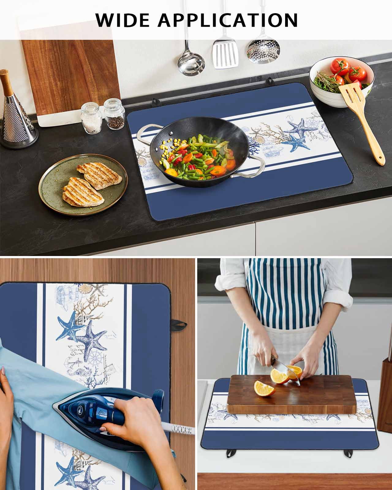 nqOlkjepod Large Induction Cooktop Protector Mat 28.5"x20.5", Navy Blue Coastal Stove Top Covers for Electric Stove, Summer Beach Starfish Coral Striped Stove Burner Cover Mats Stove Cover