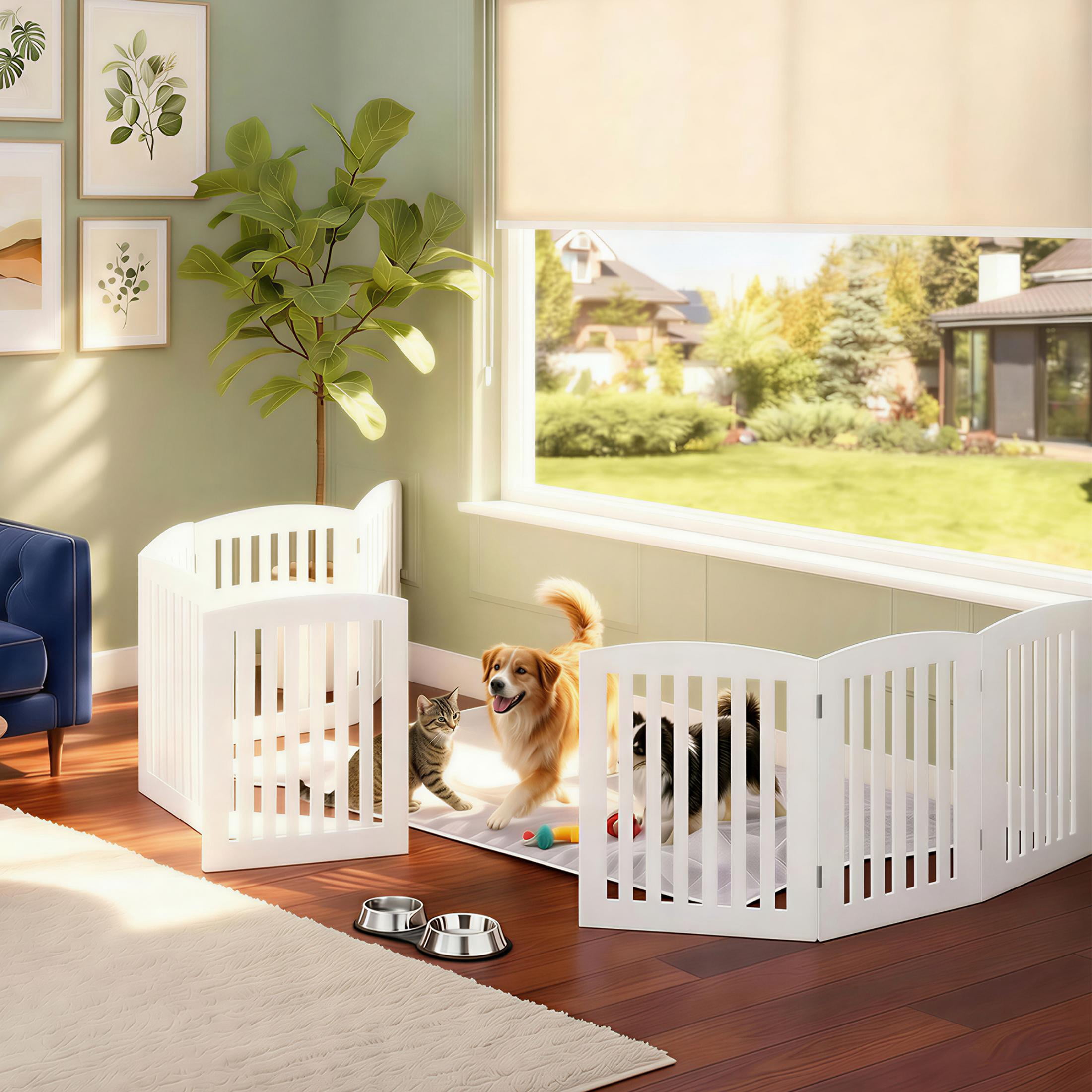 EDX 24" Height-4 Panels Wooden Pet Gate for Dogs and Cats, Foldable Freestanding Dog Gate with Hinge Design, Indoor Portable Extra Wide Dog Fence Pet Barrier, For Doorways, Stairs, White