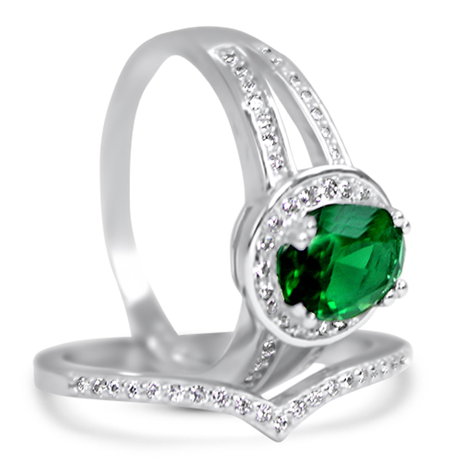 Simulated Diamond Emerald Green Wedding Engagement Ring Set Solitaire