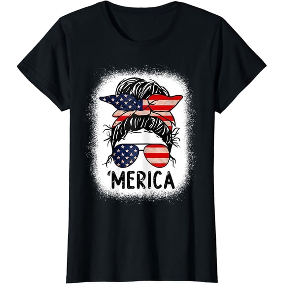 Merica 4th of July Women Girls Mom American Flag US Bleached T-Shirt