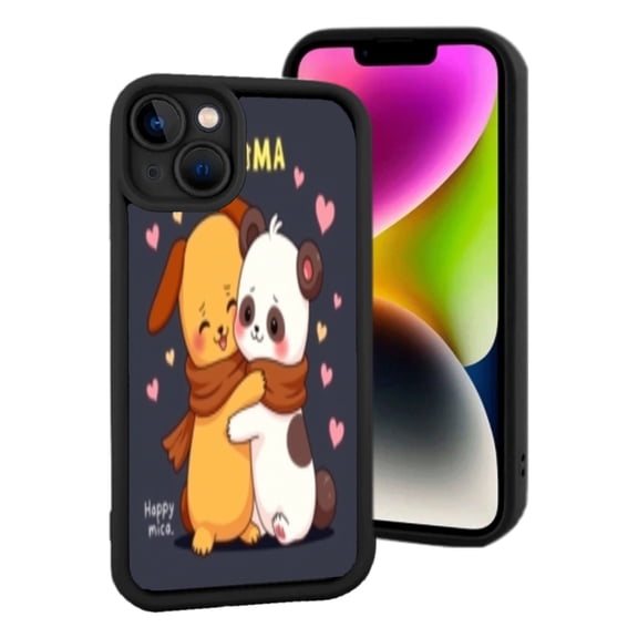 Lightweight iPhone 15 Phone Case with Cute Cartoon Dog & Panda Hugging Surrounded by Hearts - Dark Background ' I MA ' & ' Happy Muck ' Text