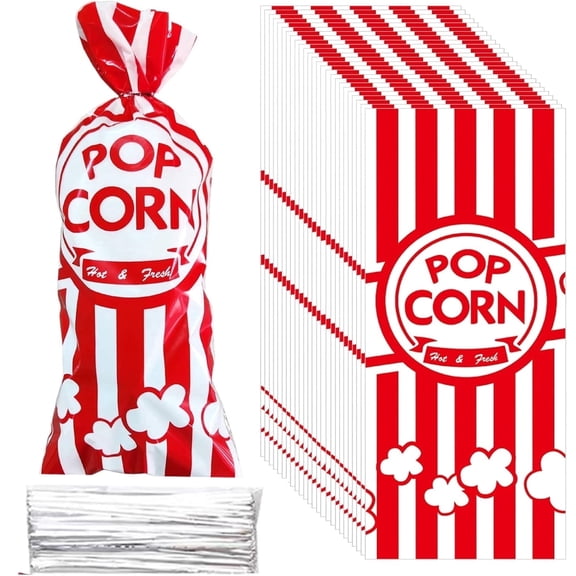 Scheam 100 Pcs Popcorn Bags,Red White Stripe Treat Bags Set,Candy Bags with Twist Ties,Cookie Snacks Storage for Circus,Carnival,Birthday,Party