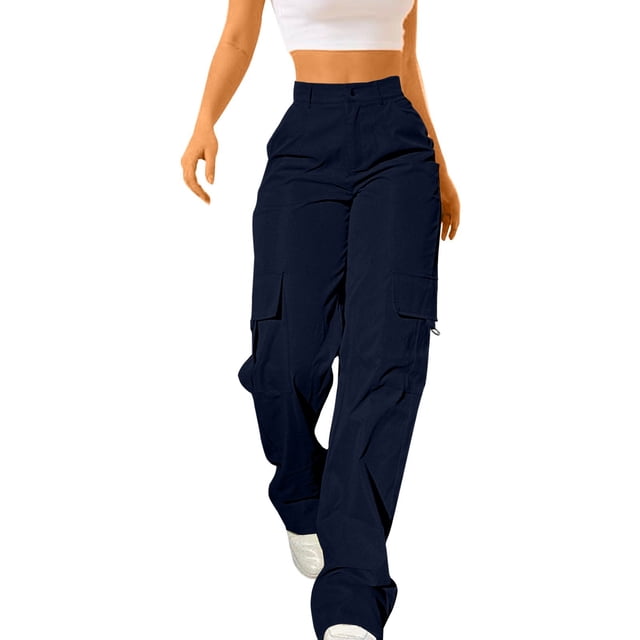 Ploknplq Cargo Pants Women,Hiking Pants Women,Pantalones Cargo Para Mujer,Elastic Waist Pockets Straight Pants Cargo Long Trousers,Drawstring Cargo Pants for Women,Camo Jeans Women Navy 2XL