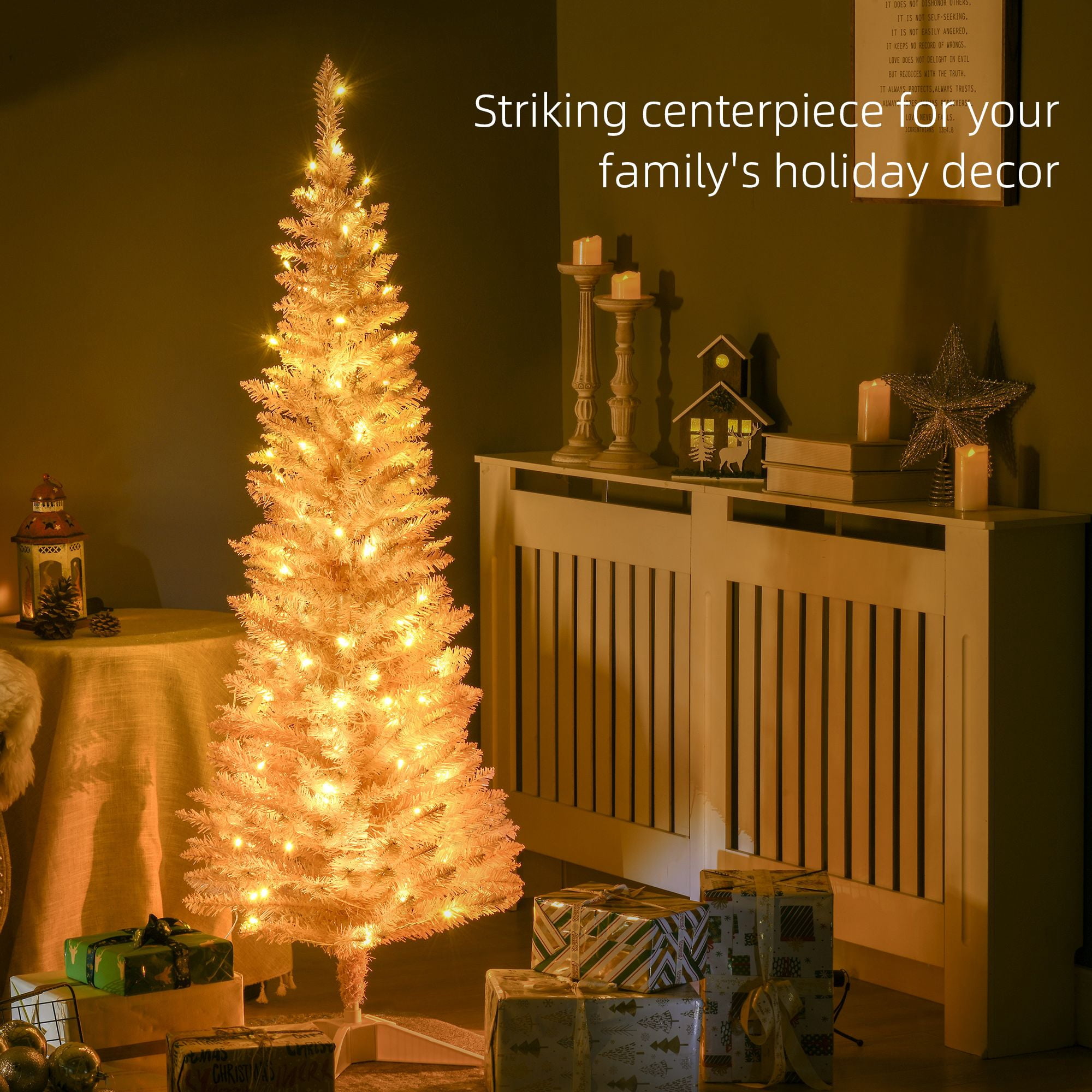 5 ft Pencil Christmas Tree, Slim Artificial Christmas Tree with Warm White LED Lights, Realistic Branches, 294 Tips, Indoor Holiday Decor for Small Spaces