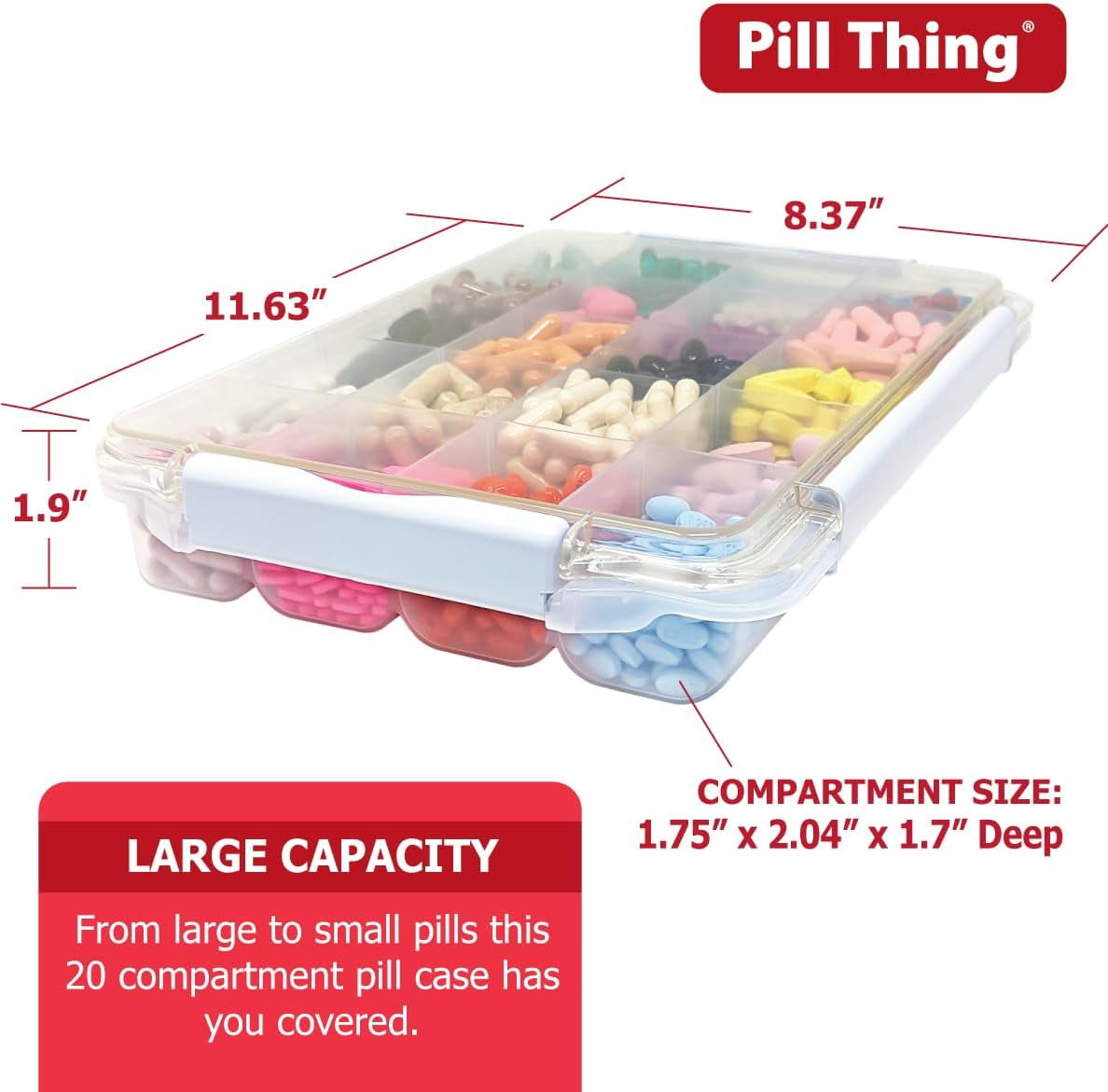 Portable Durable Airtight Waterproof 20 Compartment Large Pill Case with Silicone Gasket and Medication Map, 1 Pack