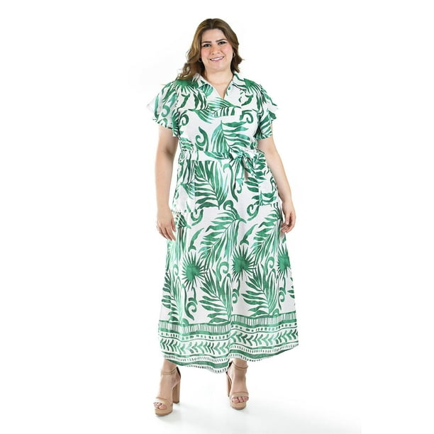 Vestido largo estampado hojas Roman Fashion /Tallas Extras, 4338 (Verde hojas) verde 36