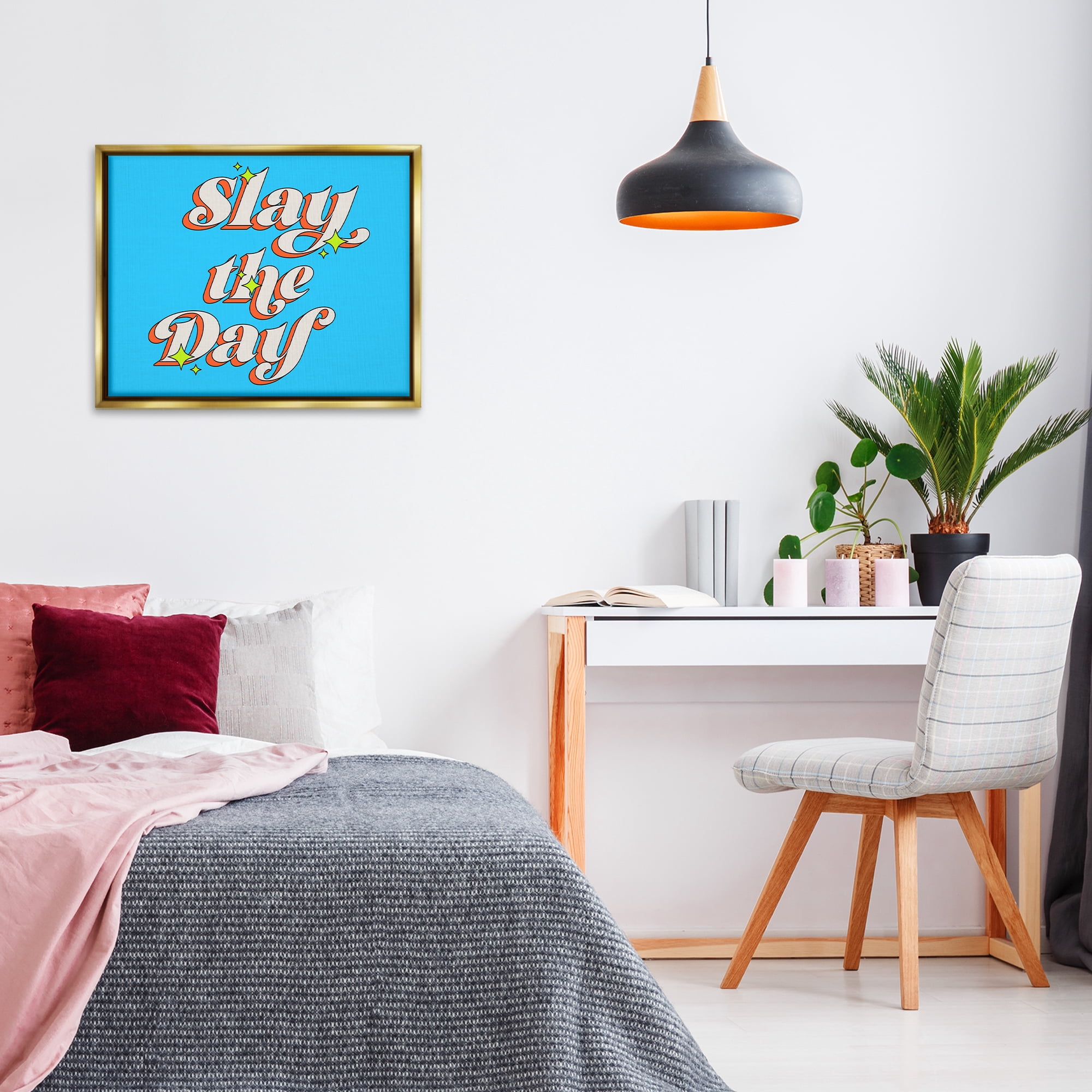 Stupell Industries Vintage Slay The Day Text & Numbers Painting Gold Floater Framed Canvas Art Print Wall Art, 31 x 25