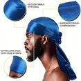 thumbnail image 3 of Men's Silk Durag Bonnet Bandana Silky Du Rag Doo Rag Long Tail Waves Cap Navy Blue, 3 of 6