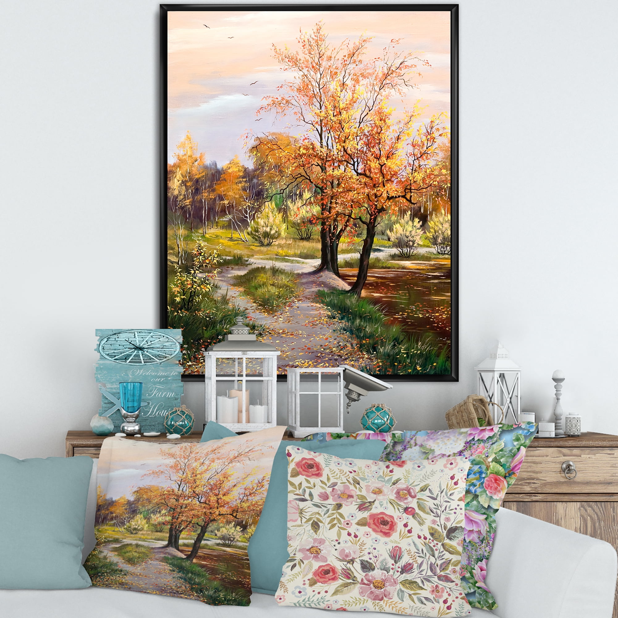 The Orange Woods Along River 30 in x 40 in Framed Painting Canvas Art Print, by Designart