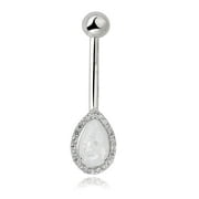 AVORA 10K White Gold Pear-shaped Simulated Opal with Simulated Diamond CZ Halo Belly Button Ring Body Jewelry (14 Gauge)  - Size 0