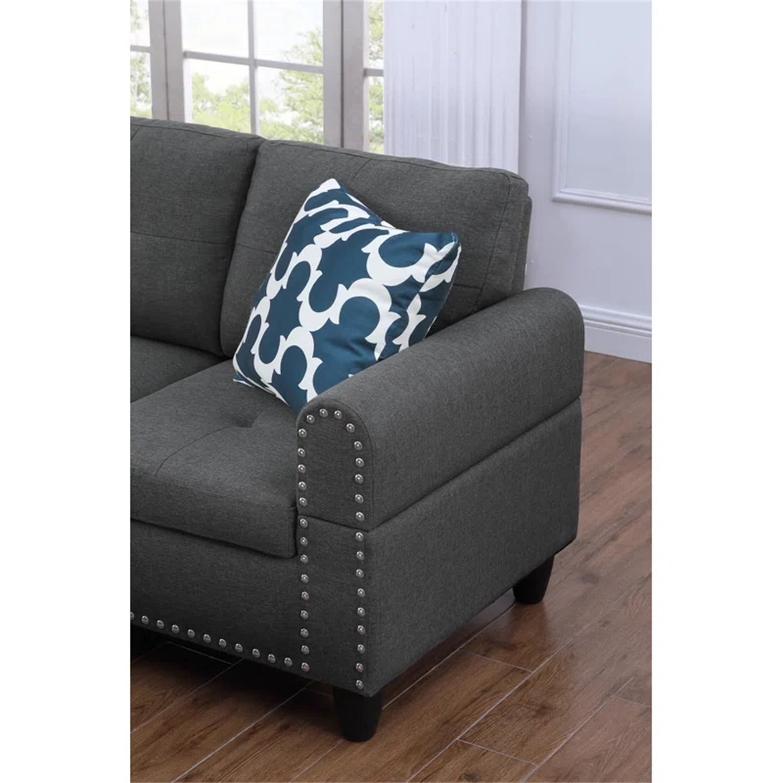 Hommoo L-Shaped Upholstered Sectional Sofa Couch with Storage & Cup Holders, Linen Living Room Sofa Set, No Ottoman, Dark Gray