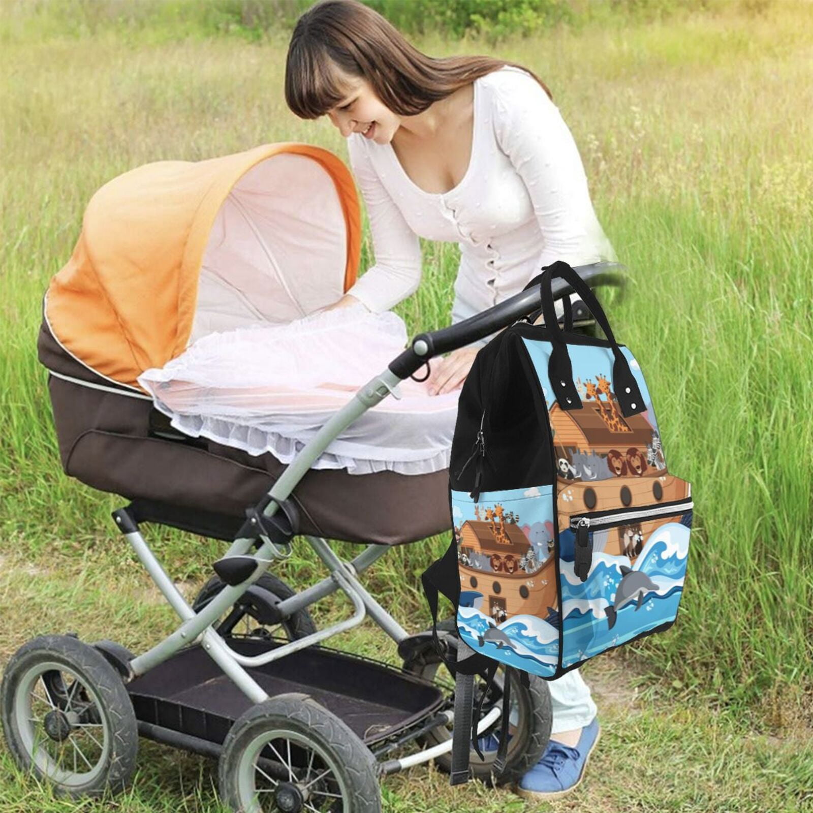 Ratiio Animals on Noah's Ark Mummy Backpack - Waterproof Twill Canvas, Large Capacity Diaper Bag with Multiple Pockets and Adjustable Straps