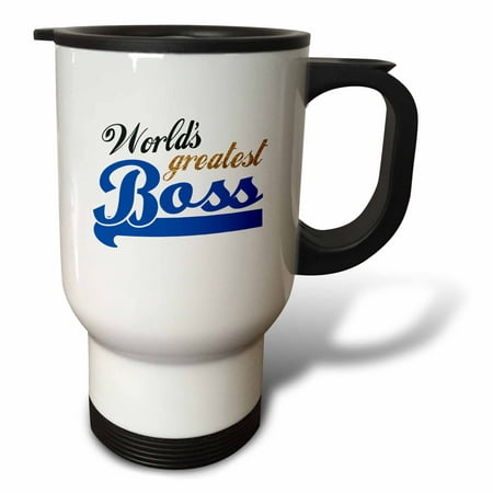 3dRose Worlds Greatest Boss - Best work boss ever - blue and gold text on white - fun office gifts, Travel Mug, 14oz, Stainless