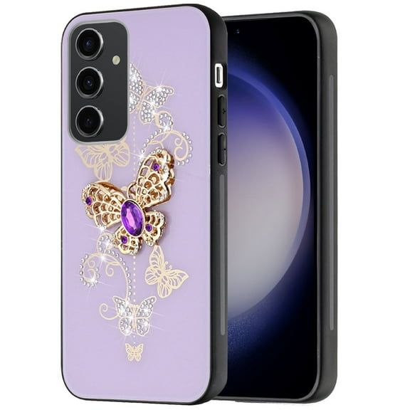 For Samsung Galaxy S24 FE /Fan Edition Diamonds Bling Sparkly Glitter Ornaments Engraving Hybrid Ring Stand Fashion Cover ,Xpm Phone Case [ Purple Garden Butterflies ]