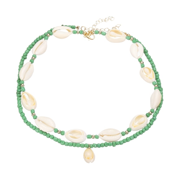 Uxcell Sea Shell Necklace for Women, Handmade Summer Bead Beach Shell Charm Bead Necklace Layered Adjustable Boho Beach Jewelry for Vacation Gift (Green, Pack of 2)