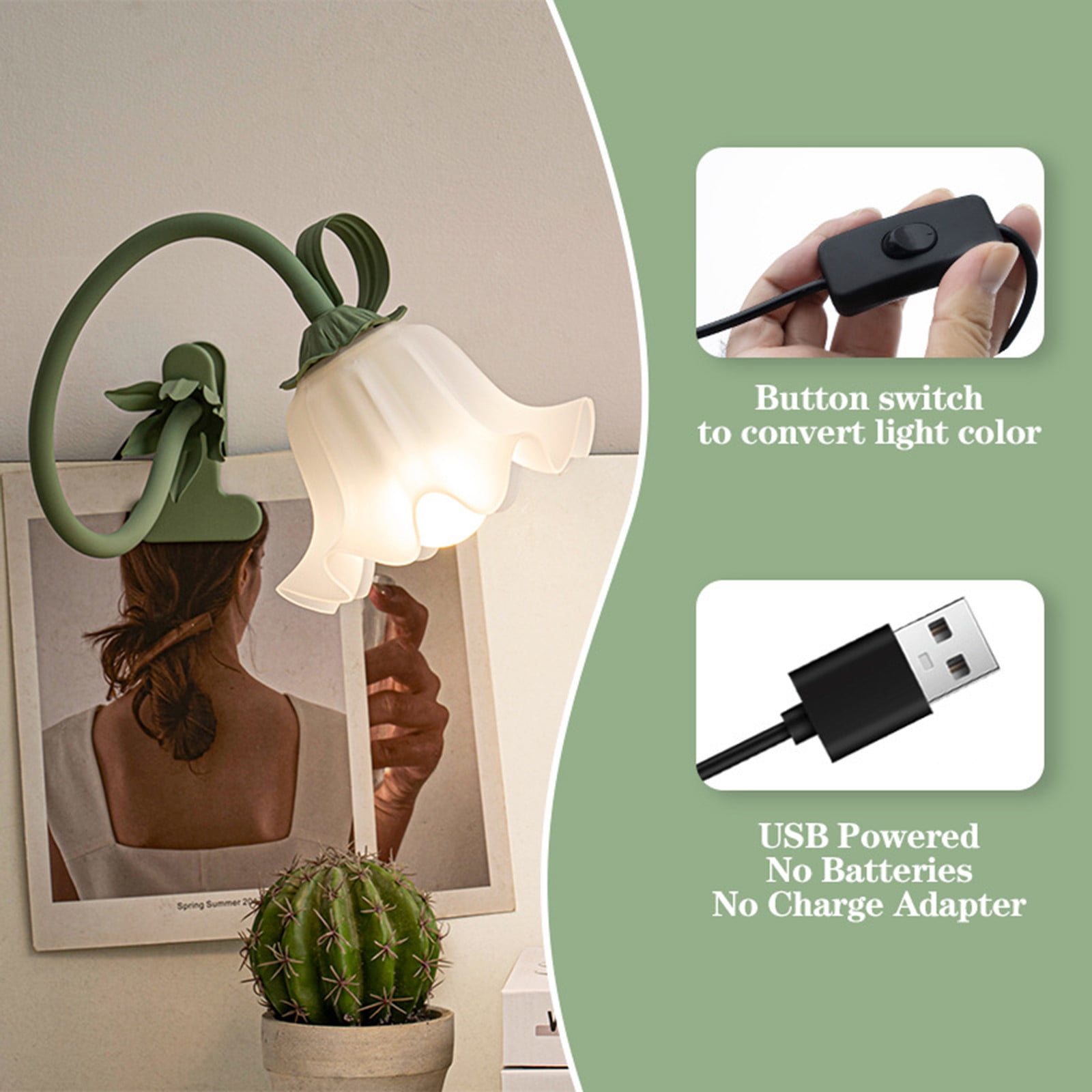 Flower Lamp with Clamp | 3 Color Modes LED Reading Light | Flexible Gooseneck Clip-On Desk Lamp | USB Rechargeable Valley Flower Night Light | Vintage Green | 42x11x19 cm | Home Office Bed Decor