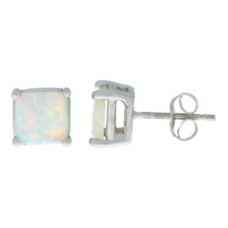- Opal Princess Cut Stud Earrings 14Kt White Gold