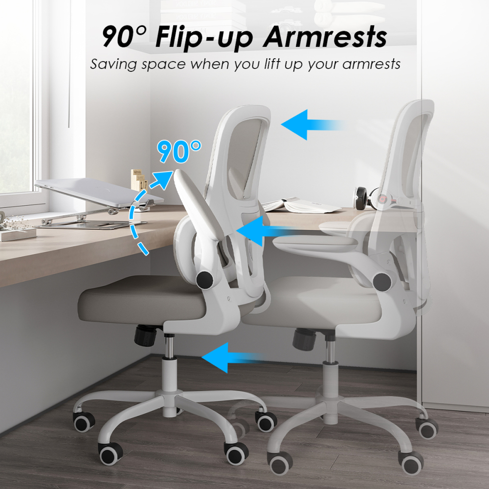 Pawverly Ergonomic Mesh Office Chair with Adjustable Lumbar Support, Flip-up Arms, Swivel Task Computer Desk Chair with Wheels, Comfy Home Office Chair, khaki+White