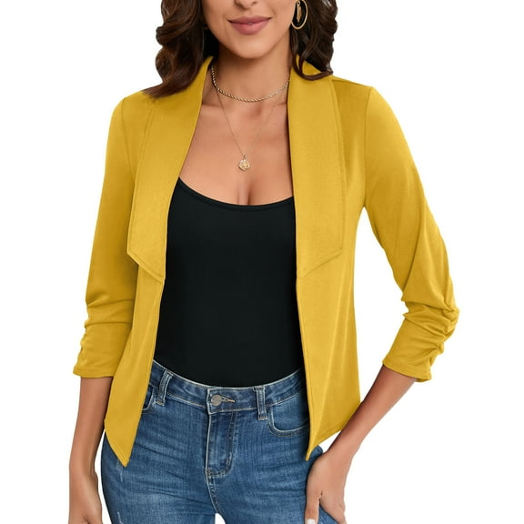 Women's 3/4 Sleeve Blazer Open Front Cardigan Shrugs Ruched Sleeve Office Cropped Blazer Jacket