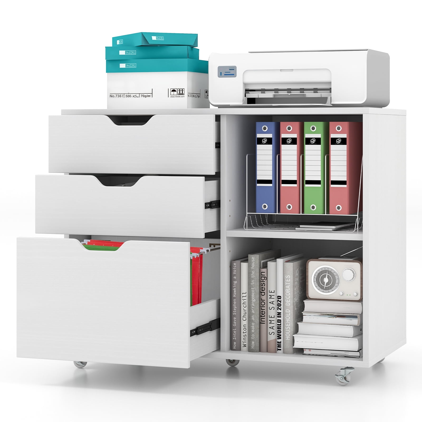 Giantex Rolling File Cabinet, Lateral Filing Cabinet w/Open Storage Shelves, Under Desk Storage Organizer, Mobile Printer Stand, White